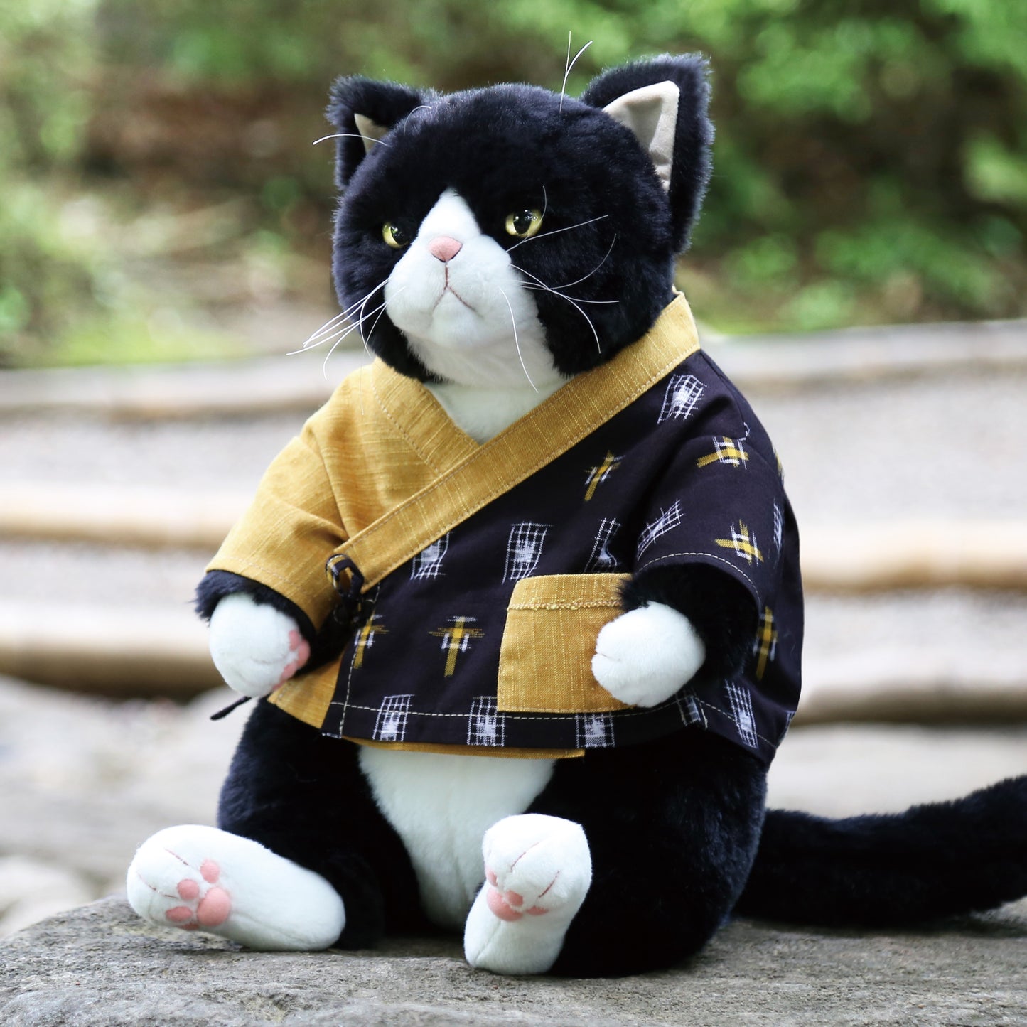 久留米絣の甚平(黄×古典柄)Jinbei(Ki×Kotengara) 着用例