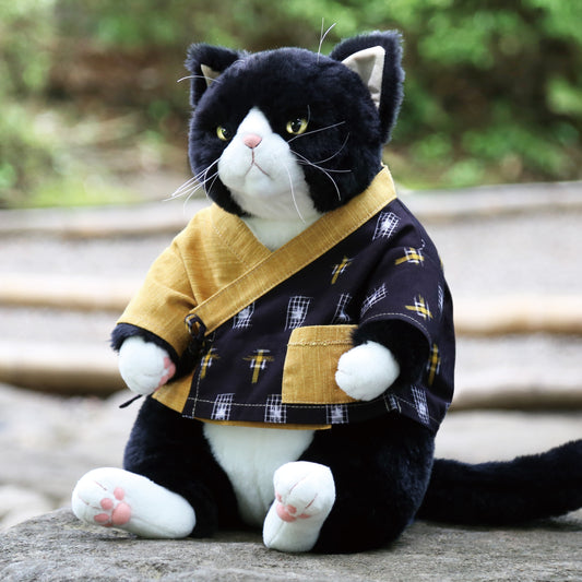 久留米絣の甚平(黄×古典柄)Jinbei(Ki×Kotengara) 着用例