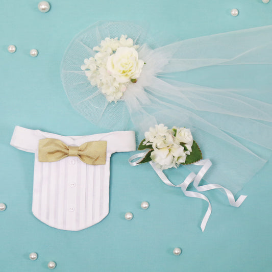 Wedding veil, bouquet, and wing collar set with gold bow tie