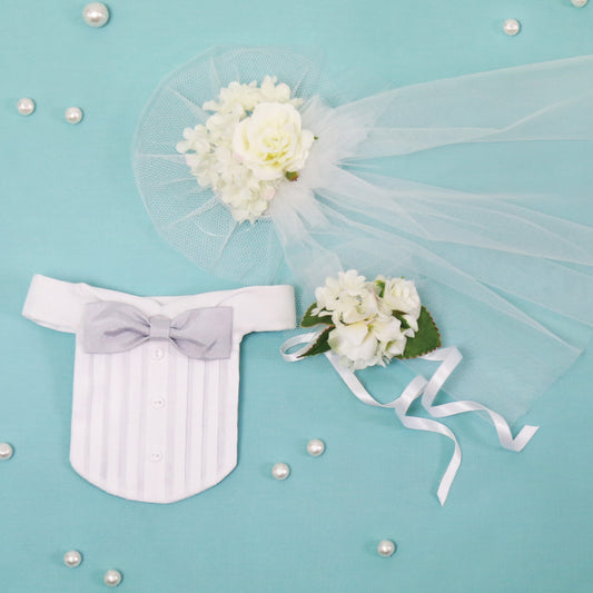 Wedding veil, bouquet, and wing collar with light gray bow tie