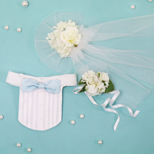 Wedding veil, bouquet, and wing collar with light blue bow tie